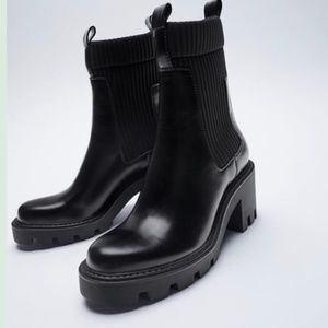 Leather Sock Style Heeled Chelsea Ankle Boots Black